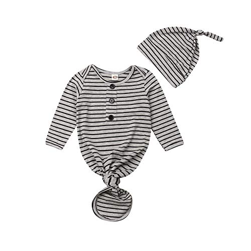 Newborn Baby Sleeper Nightgowns Boy Girl Solid Plaid Long Sleeve Sleep Bag Footed Pajamas Coming Hoem Outfit (Grey Striped,0-3 Months)