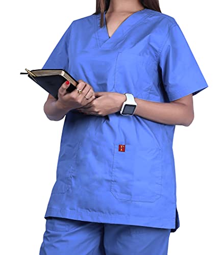 Image of Unisex V-Neck Polyester Cotton Medical Scrub Suit for Doctors, Top and Bottom with 6 Pockets, Triple Needle Stitch Top, Size 34 - XS, Ceil Blue. BLUE.