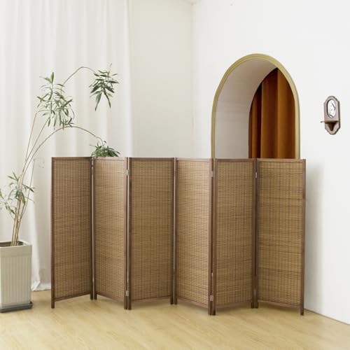 6 Panel Short Panel Divider Screen,3.95 FT Tall Bamboo Room Divider Folding Privacy Screen,Short Panel Divider Freestanding Room Divider for Room Seperation,Brown