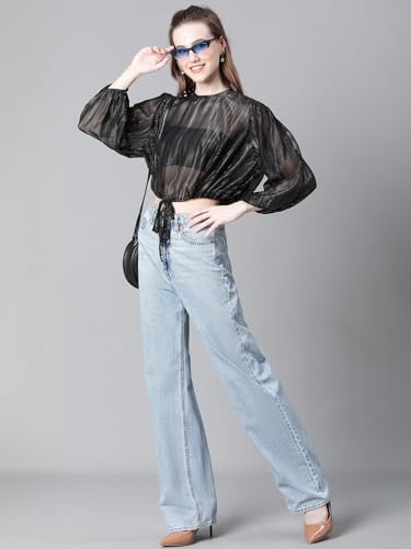 Image of oxolloxo Women Animal Print Round Neck Long Sleeve Elasticated Tie-Up Crop Top
