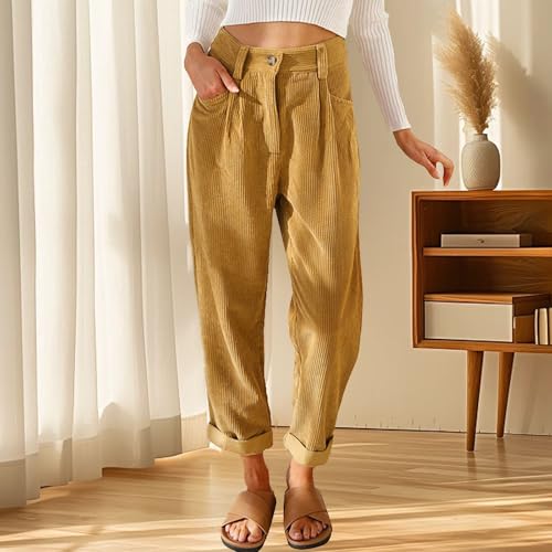 Womens Premium Corduroy Pants High Waist Wide Leg Trousers with Pockets Button Closure Elastic Waistband Casual Straight2