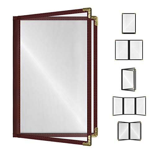 Goodsmart Restaurant Menu Covers – 25 Pack Burgundy 4-View, Side-Loading Menu Holders, Vinyl &amp; Plastic Café Menu Covers, Clear Menu Sleeves, Fits 5.5" x 8.5", Leather-Style Design, Gold Corners