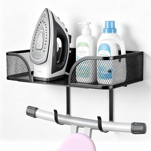 COZHYESS Over The Door Ironing Board Hanger with Large Storage Basket & Removable Hooks Iron and Ironing Board Holder Storage for Laundry Room (Black)