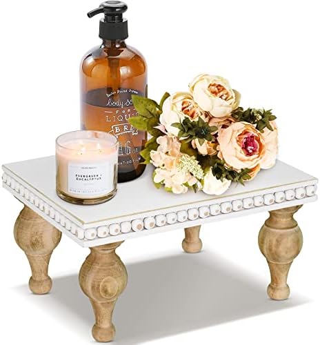 Farmhouse Wood Tray Risers for Display, Wooden Decorative Tray with Bead for Kitchen Decor, Pedestal Stand for Countertop,Wood Tray with Risers for Soap Dish on Risers