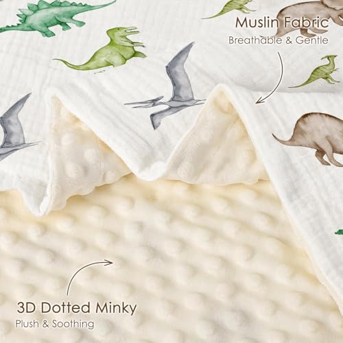 Image of Dinosaur Baby Blankets for Boys, Newborn, Soft Nursery Minky Blankets with Muslin and Dotted Fleece Back 30x40 inches, Receiving Bed Quilt for Infants, Toddlers