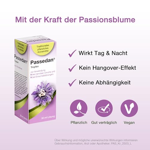 Passedan Tropfen 30 ml - bei nervöser Unruhe und Einschlafstörungen - Tag und Nacht anwendbar - pflanzliches Arzneimittel mit Passionsblumenkraut für innere Ruhe und leichteres Einschlafen