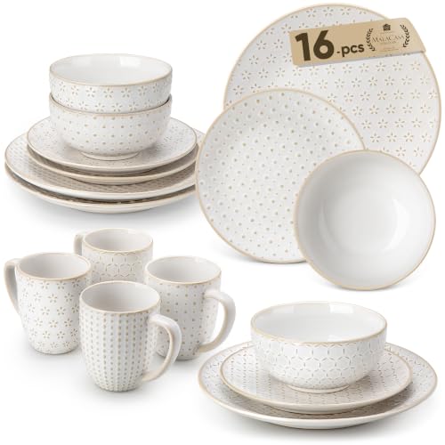 Image of MALACASA 16 Pieces Dinnerware Set, Farmhouse Style Stoneware Plates and Bowls Sets for 4, Embossed Boho Ceramic Dish Set with Mugs, Microwave & Dishwasher Safe, Series LYDIA
