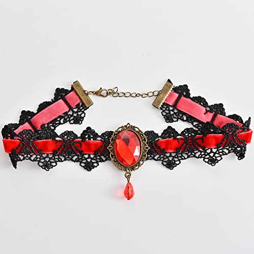 NAUZE 4 Pieces Day of the Dead Halloween Costume Set Gothic Bride Veil Ladies Rose Necklace Lace Eye Mask Lace Gloves for Halloween Adults Costume Accessory(Red) - Image 4