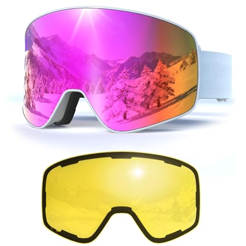 VCOROS Skibrille mit Wechselglas,YH212 Skibrille Magnetisch OTG für Unisex UV-Schutz Anti-Nebel Vollständig Plattiertes REVO Verstellbarer Rutschfester Riemen,Snowboard Brille (04-REVO Pink/White)