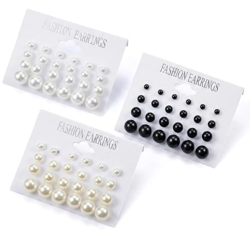NiceNaiils Lot de 36 Paires de Boucles d'Oreilles Perles pour Femme, Set de Puces d'Oreilles Élégantes en 3 Couleurs, Clous d'Oreilles Classiques pour...