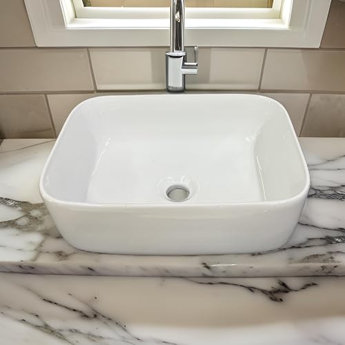 Image of SEA SHORE White Imported Ceramic Table Top Wash Basin - Slim Rim Vessel Sink for Bathroom & Living Room | 41 x 31 x 15 cm (Koshi White)