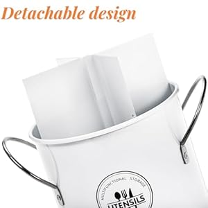 Vintage Farmhouse Utensil Holder, 4 Compartment Metal Silverware Cutlery Caddy with Removable Divider, Round Flatware Organizer with Handle for Kitchen Countertop, Fork Spoon Knife, White Vintage Farmhouse Utensil Holder 4 Compartment Metal Silverware Cutlery Caddy with Removable Divider Round Flatware Organizer with Handle for Kitchen Countertop Fork Spoon Knife White