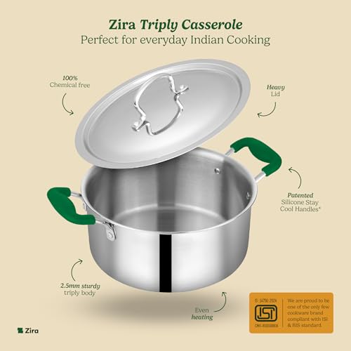Image of Zira Triply Stainless Steel Casserole | Biryani Pot with Lid 22cm 4.0L | Fire Proof, Stay Cool Silicone Handle | Biryani Pot Heavy Bottom | Induction & Gas Friendly Triply Cookware| 10 Year Warranty