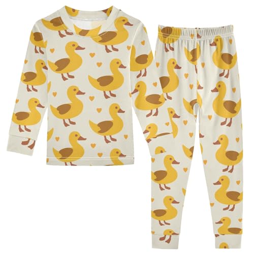 Fustylead Hand Draw Cute Yellow Duck and Hearts Cotton Pajamas Long Sleeve Sleepwear Lounge Set