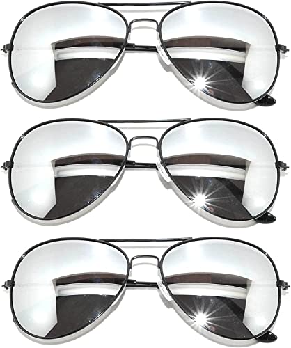 OWL Set of 3 Pack Aviator Style Sunglasses Colored Metal Frame Mirror Lens Smoke Lens