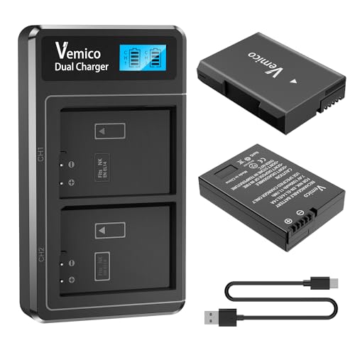 Vemico EN-EL14/EN-EL14A Batería Cargador Kit 2 Pack 1500mAh Baterías de Recambio Tipo C LCD Cargador Dual para D3100/D3200/D3300/D5100/D5200/D5300/D5500/D5600/P7000 (Compatible con el Original)