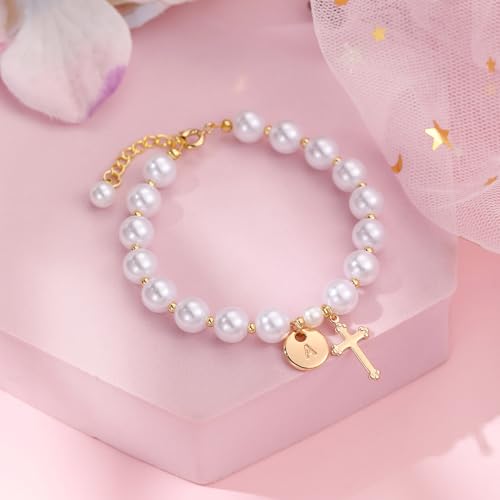 Initial First Holy Communion Confirmation Baptism Bracelets Gifts for Women Girls, Catholic First 1st Communion 14K Gold Pearl Cross Charm Bracelet Personalized A-Z for Goddaughter Niece3
