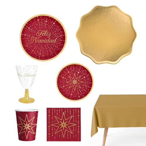 OH YEAH - Kit Vajilla Navidad 12 Personas Feliz Navidad - 82 Piezas - Platos, Vasos, y Servilletas Desechables - Temática Navideña - Cenas Navideñas, Reuniones Familiares y Fiestas de Fin de Año