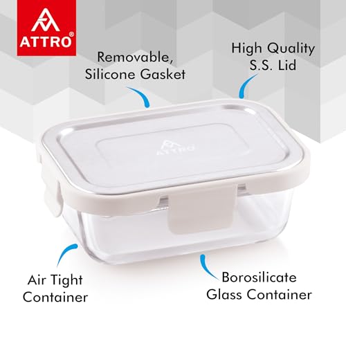 Image of ATTRO Glassox Borosilicate Rectangular Glass Lunch Box with Stainless Steel Lid Food Storage Container Microwave & Freezer Safe BPA-Free Food-Grade 370ml Set of 2