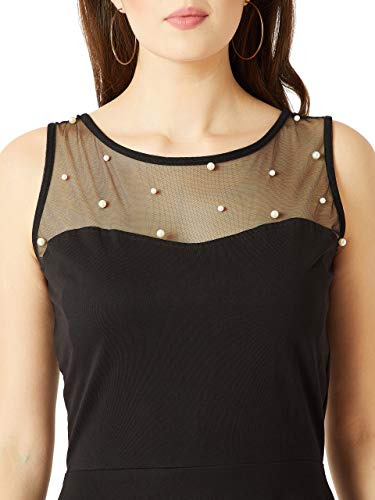 Image of Miss Chase Women's Black Round Neck Sleeveless Cotton Solid Sheer and Pearl Detailing Mini Skater Dress