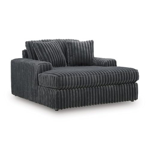 Image of Signature Design by Ashley Midnight-Madness Oversized Chaise, Gunmetal | Jumbo corduroy fabric, Indoor chaise lounge, Built-in USB port, Dual cup holders