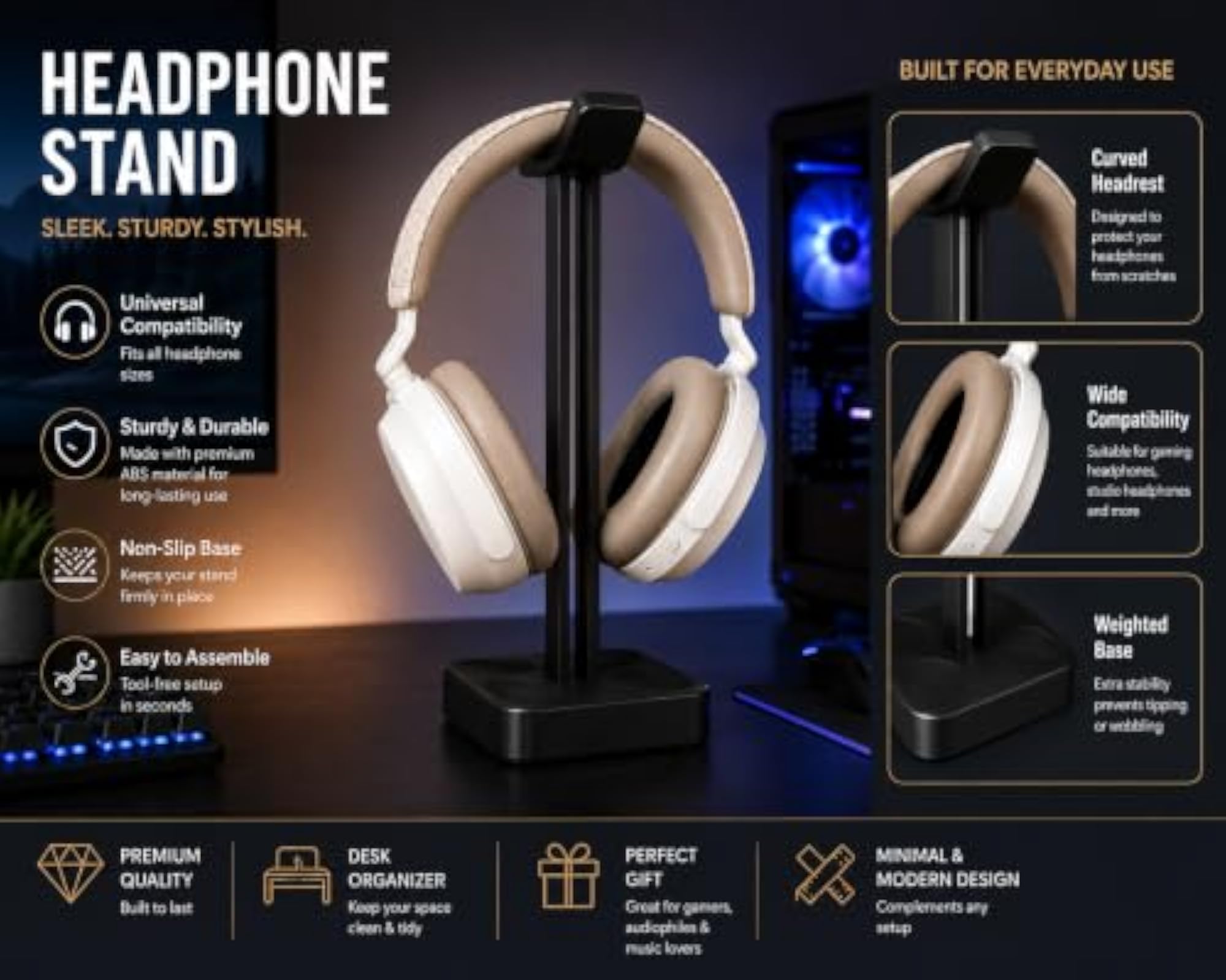 Universal Headphone Holder with Stable Base