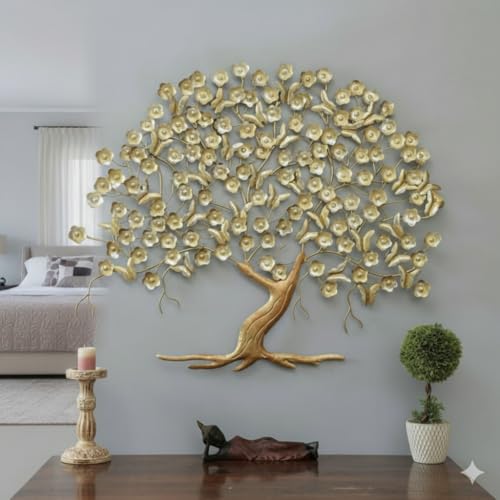 Image of Bharat Art Metal Iron Breeze Butterfly Tree Gold Wall Art | Decorative Metal Wall Sculpture for Home Living Room Bedroom Office Hotels Cafe | Multicolor (44 x 2 x 37 Inch) WD027 (A)