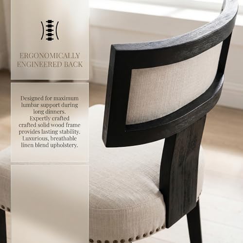 Image of HNY Mid Century Modern Dining Chairs Set of 2, Farmhouse Linen Fabric Upholstered Accent Chairs Curved Nailhead Trim Backrest Kitchen Chairs, with Black Hardwood Frame, Beige