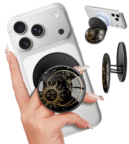 LISEVO Magnetic Phone Grip Compatible with MagSafe - Magnet Phone Grip Stand Magnetic Removable Finger Ring Holder Kickstand Cute Magnet Accessories for iPhone 17 16 15 14 13 12 Series Sun Moon