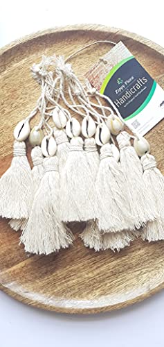 Image of Zippy Flora Premium Handmade Cotton Tassels with Cowrie Shell Embellishments for DIY Crafts, Boho Wall Decor, Home Styling & Creative Projects (Pack of 10)