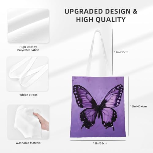 Butterfly Purple Print Reusable Canvas Tote, Shopping Bag With Handles For Daily And Grocery Use4