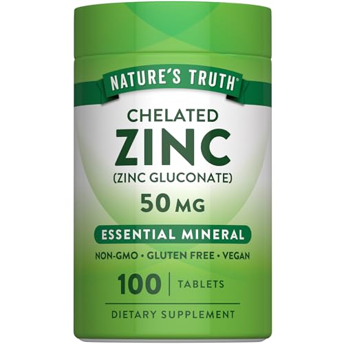 Natures Truth Chelated Zinc 50mg | 100 Tablets | Essential Mineral Supplement | from Zinc Gluconate | Vegan Non-GMO & Gluten Free