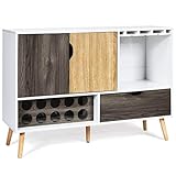 Giantex Buffet Sideboard, Storage Credenza, Wood Console Table, Kitchen Dining Room Cupboard, Pantry Cabinet with 10 Bottle Wine Rack, Glass Holder, Drawer (White & Wood)