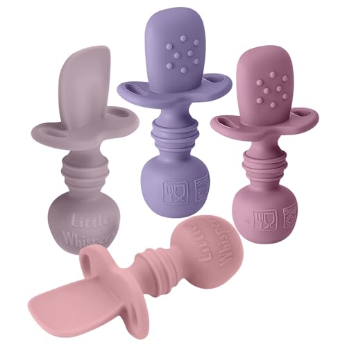 Image of LittleWhispers Baby Silicone Spoons - Self Feeding 6 Months - Infant, Toddler, & Kid Friendly Utensils - First Stage, Baby Led Weaning - 4 Pack Utensil Set (Soft Pinks)