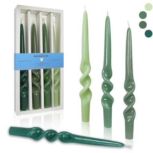 BALEAGCDL Gradient Green Smokeless Candles Handmade Twisted Taper Candle 9.5 Inch Long Spiral Candlesticks Dinner Unscented Candles for Holiday Wedding Party Seasons Home Decor