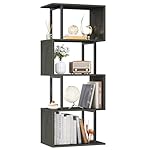 Furologee Geometric Bookshelf 5 Tier Bookcase, Industrial S-Shaped Display Storage Shelf for Small Space, Tall Metal Wood Decorative Standing Shelves for Bedroom, Living Room, Office, Black Oak