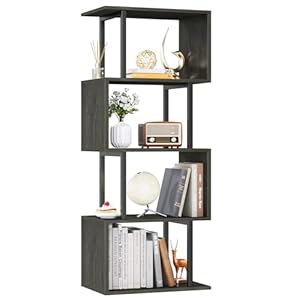 Furologee Geometric Bookshelf 5 Tier Bookcase, Industrial S-Shaped Display Storage Shelf for Small Space, Tall Metal Wood Decorative Standing Shelves for Bedroom, Living Room, Office, Black Oak
