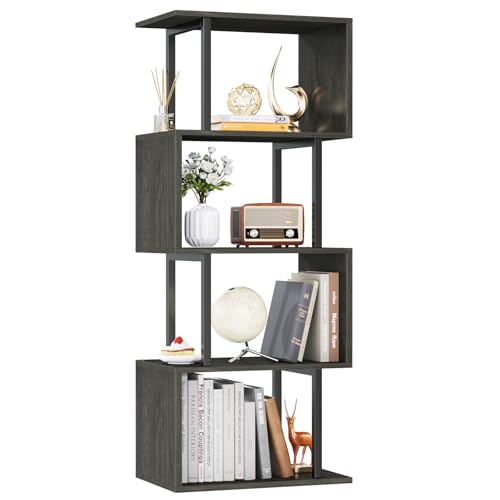 Furologee Geometric Bookshelf 5 Tier Bookcase, Industrial S-Shaped Display Storage Shelf for Small Space, Tall Metal Wood Decorative Standing Shelves for Bedroom, Living Room, Office, Black Oak