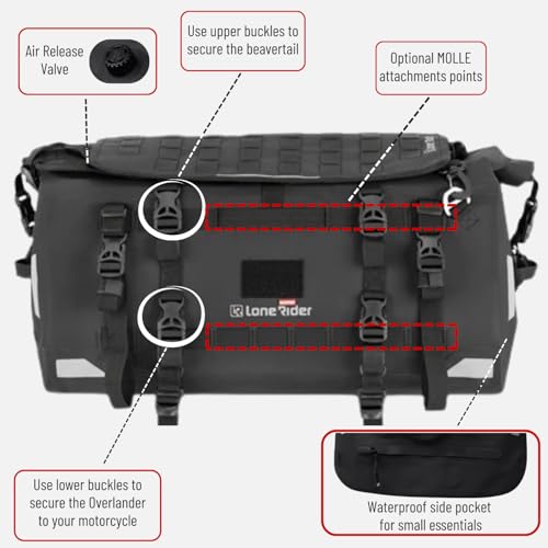 Lone Rider 48L Motorradtasche - wasserdichte, erweiterbare Hecktasche für Motorradreisen mit MOLLE-System, Beavertail Staufach, Rolltop Verschluss und robustem Tourendesign