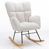 DRIXNO Schaukelstuhl, Teddy Stillsessel mit Fußstütze, Großer Sessel zum Stillen, Moderner Schwingsessel mit Holzkufen, Gepolsterter Relaxsessel für Wohnzimmer, Schlafzimmer, Weiß