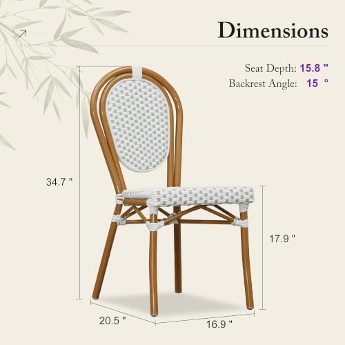 Image of PURPLE LEAF Patio Dining Chair Set of 4 Outdoor French Aluminium Frame in Bamboo Finish with White & Gray Woven Rattan for Indoor Kitchen Deck Bistros Cafe Restaurant