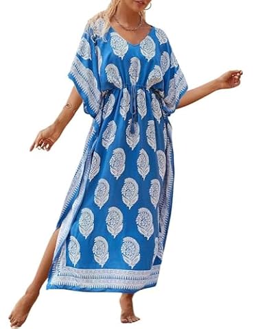Bsubseach Damska sukienka plażowa, turecka, długa sukienka plażowa Caftan Beach Dress, niebieski, Rozmiar uniwersalny