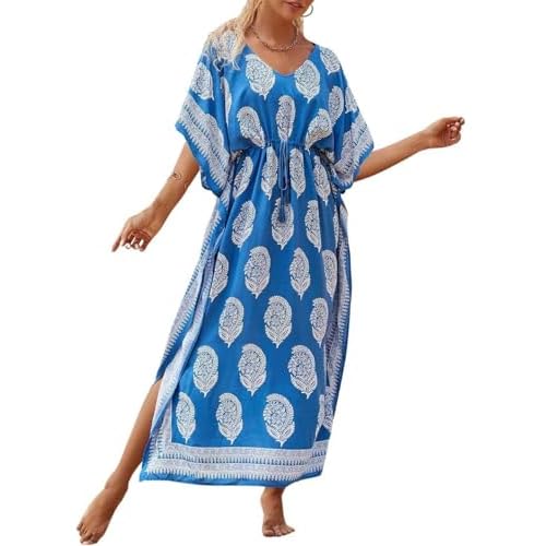 Bsubseach Kaftan Dresses for Women Plus Size Swimsuit Cover Up Long Caftan Dress with Waist Drawstring B-blue One Size
