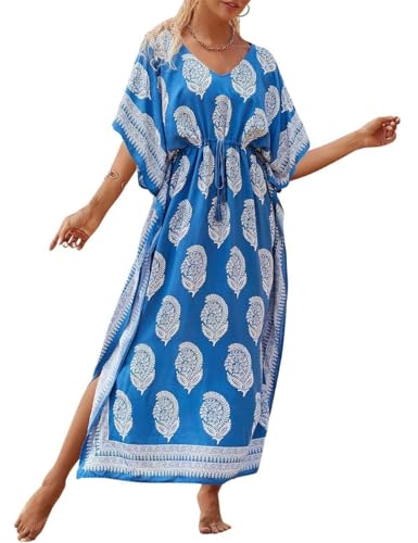Bsubseach Plus Größe Kaftane für Frauen Lange Kaftan Kleider Badeanzug Cover Up mit Taille Kordelzug Blau