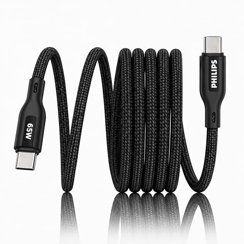 Image of PHILIPS DLC4150CB /94 65W Type-C to Type-C Fast Charging Cable (1.5m, Dark Slate) | Nylon Braided | Compatible with iPhone 15+ Series, USB-C iPad Models, Samsung Galaxy & All Type C Devices