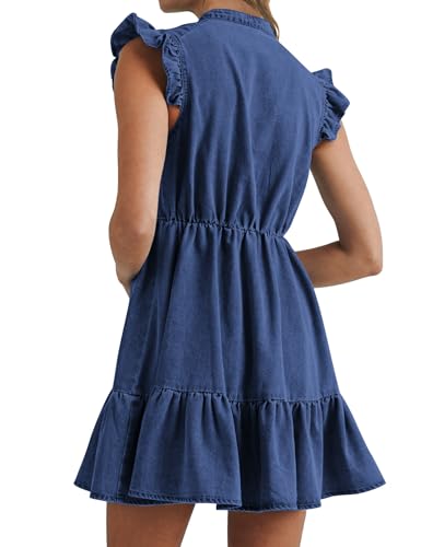 Image of POTILI Denim Dress for Women Mini Jean Dress with Pockets | Ruffle Sleeve, V-neck, Two Side Pockets