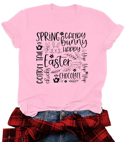 Image of Women Happy Easter T Shirt Bunny Rabbit Graphic T-Shirt Funny Letter Printed Shirts Short Sleeve Tops