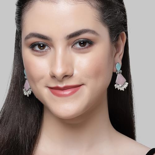 Image of Karatcart Silver Tone Diamond Shape Pink and Blue Carved Stone Studded Drop Earrings for Women