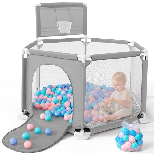 JUPPLIES Parque Infantil Bebe 127x127cm Hexagonal – Corralito Bebe con Malla Transpirable – Parque de Juegos Bebe con Puerta Lateral – Playpen Bebe - Parque con Canasta y Pelotas