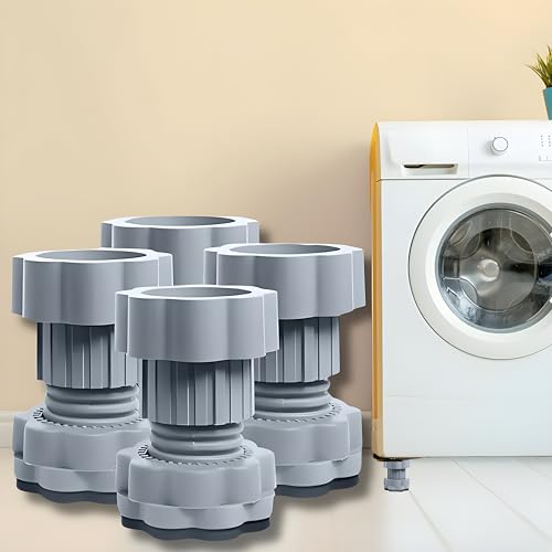 Image of HM Adjustable Washing Machine Stand | Anti Vibration Pads for Washing Machine | Fridge Stand | Top Load | Front Load | Bushes | Upto 9 Kg Machine (Set of 4 - Grey)